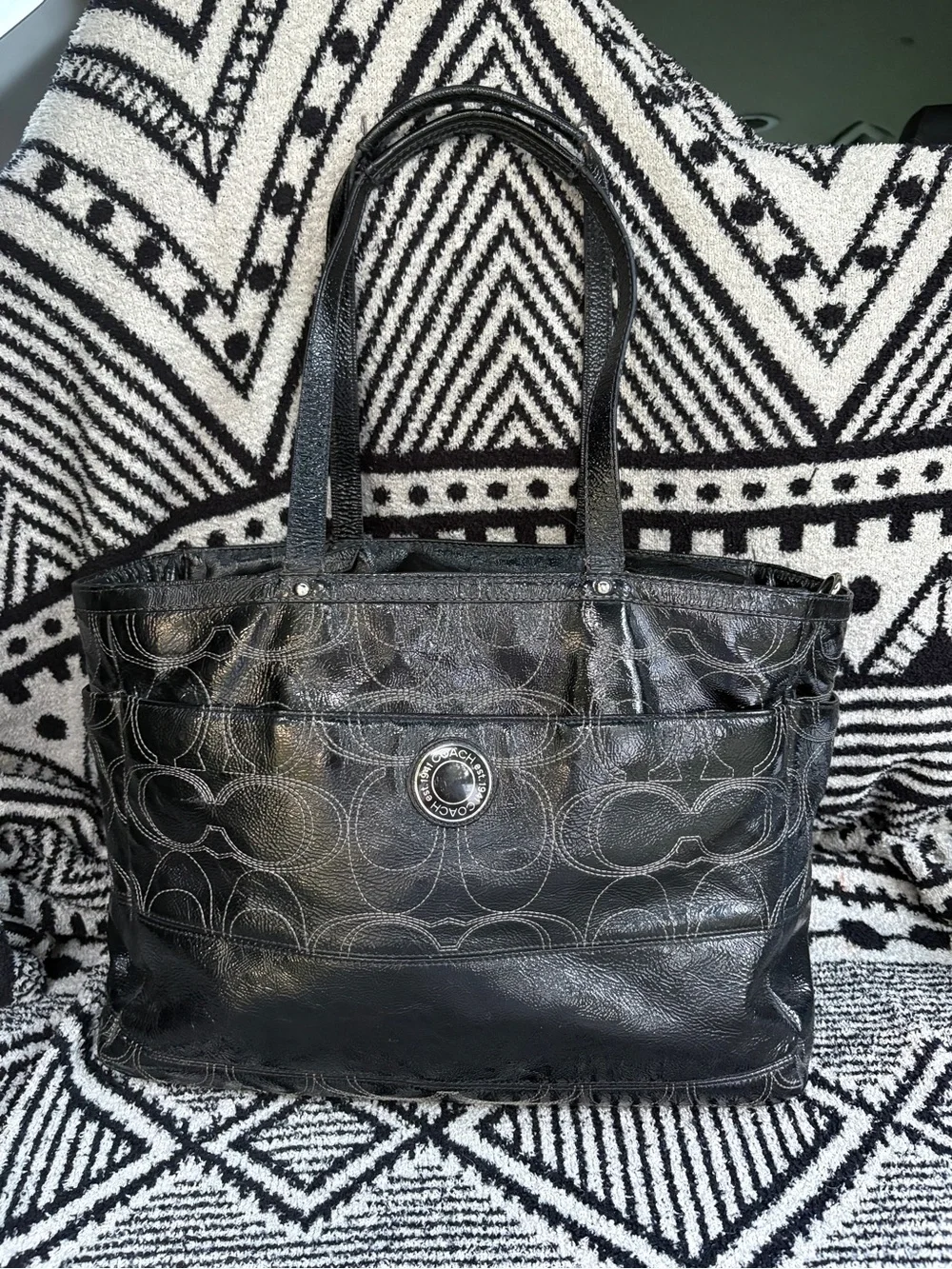 Coach Black Signature Leather Tote with Logo Medallion